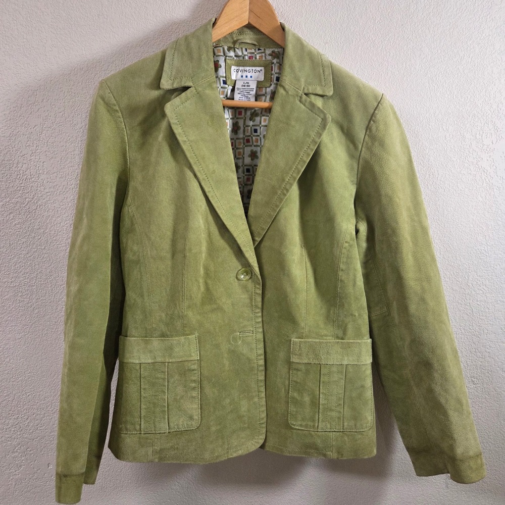 Covington Womens Large Olive Green Leather Suede Blazer Jacket Floral Lining L/G